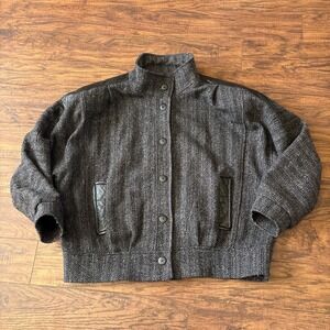 Vintage Braetan Gray Wool Tweed Black Leather Button Front Jacket Size 2X
